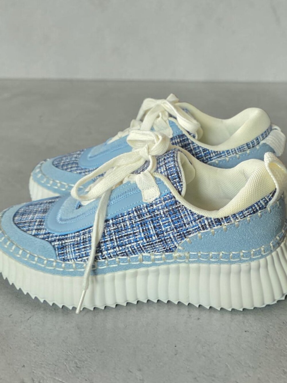 EUC CORKY's ( 8 ) HEY GIRL ADVENTURE Blue/Off White Tweed Platform Tennis Shoe - Picture 4 of 12